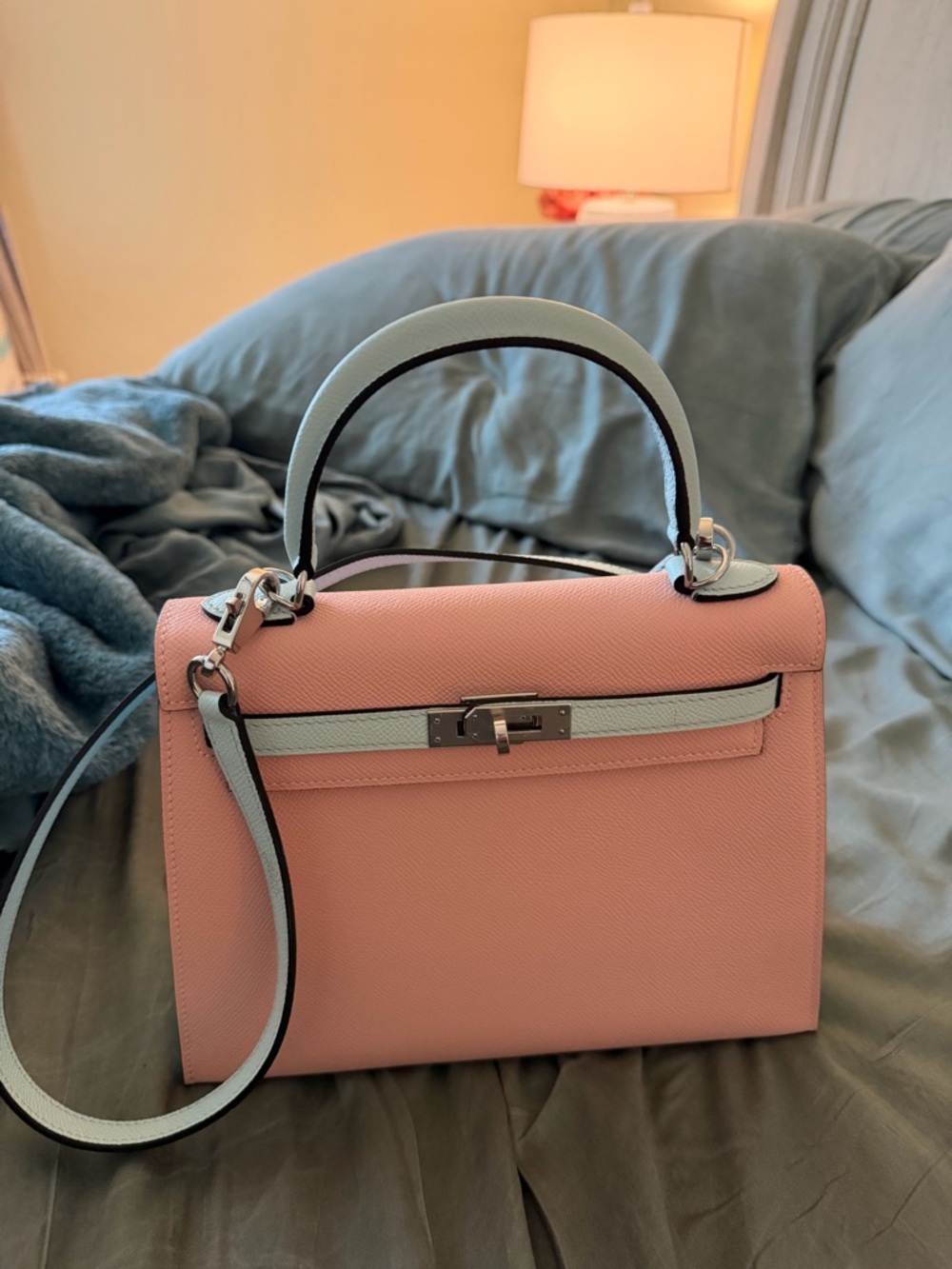 Pink Kelly style Top-Handle Crossbody Bag with Contrast Trim